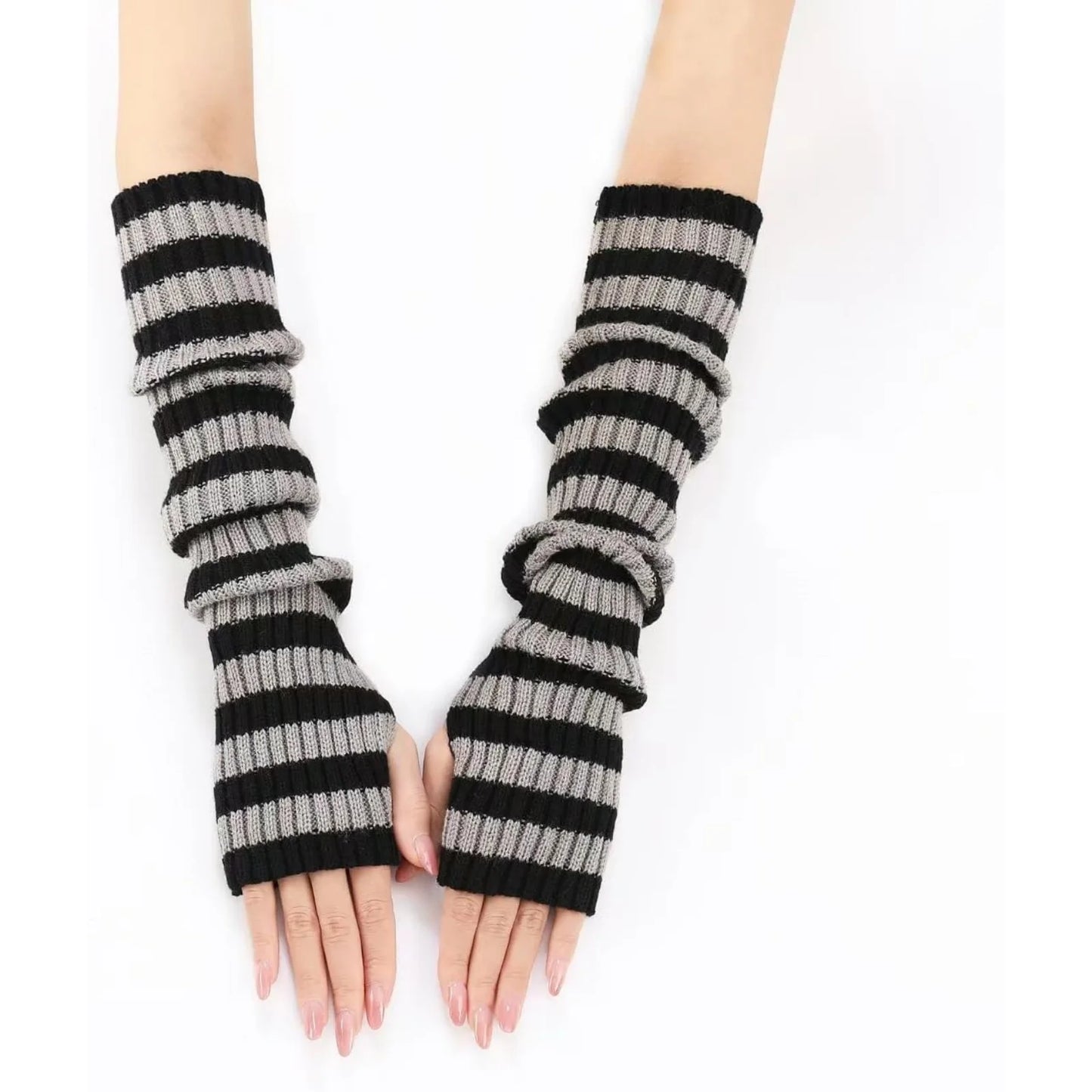 A Pair OfAutumn Winter Striped Knitted Fingerless Gloves For Women-Long Arm Warmers, Fashion Grunge Style Cold Weather Accessory