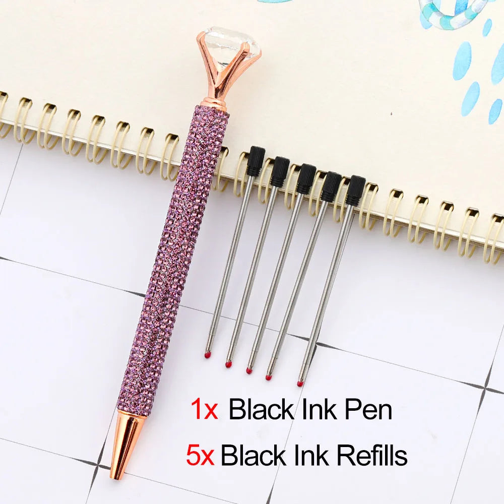 Lytwtw's Luxury Gold Ballpoint Pen Big Diamond Wedding Rose,Metal Stationery School Supplies  1 PCS Pen +5 PCS Refills