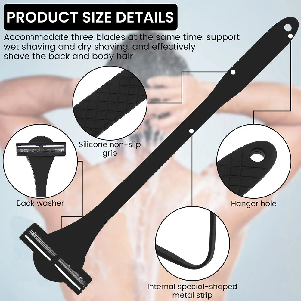 Men's 2-in-1 Silicone Back Shaver Scrubber Razor with Three Layers for Efficient Back Hair Removal Shaving Tool