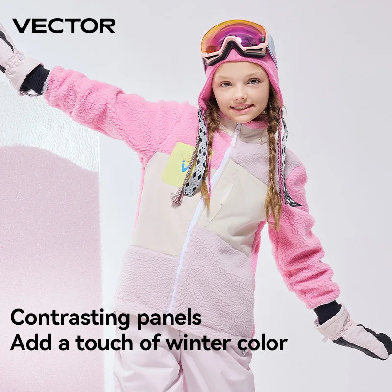 VECTOR Girls Boys Fleece Fleece Open Top with Contrasting Color Splicing for Warmth 420g Fleece Outdoor Double Board Skiing