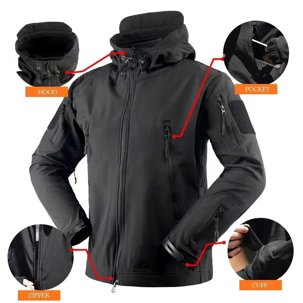 5XL 6XL Tactical Soft Shell Hooded Fleece Men Winter Windproof Waterproof Warm Coats Outdoor Multi-pocket Jacket