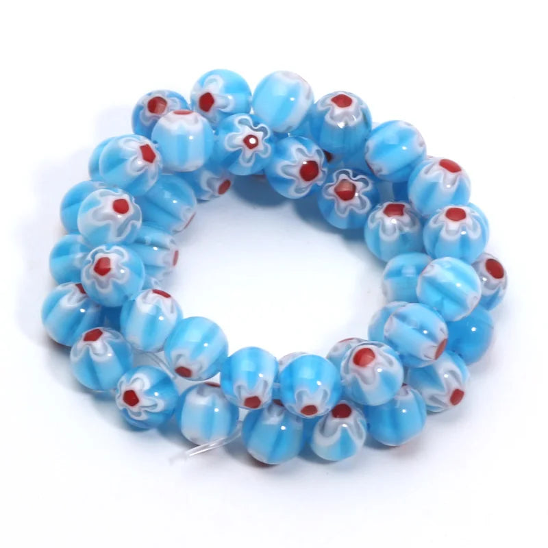46pcs 8mm Murano Lampwork Flower Round Glazed Glass Beads For Jewelry Making Diy Bracelet Necklace Handmade Crafts Accessories