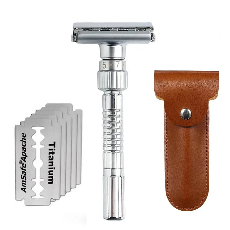 Adjustable Safety Razor Double Edge Classic Mens Shaving Hair Removal Shaver it with 5 PCS Titanium Coated Blades Shaver