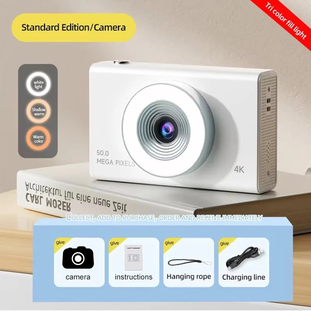 NEW 4K CCD 8X Digital Zoom Digital Camera for Student 48MP Compact Digital Photography Camera 180 Flip Screen Selfile Camera