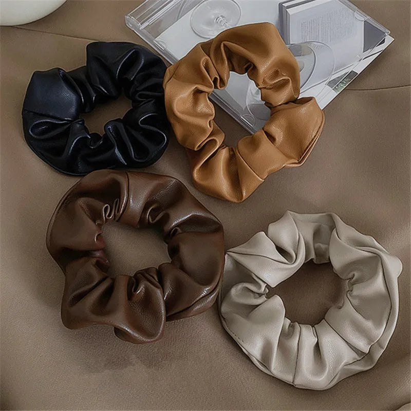 Solid color PU Leather Large Intestine Hair Rope for Woman elegant Does Not Hurt The Hair Hair Ties Fashion Girl High Ponytail S