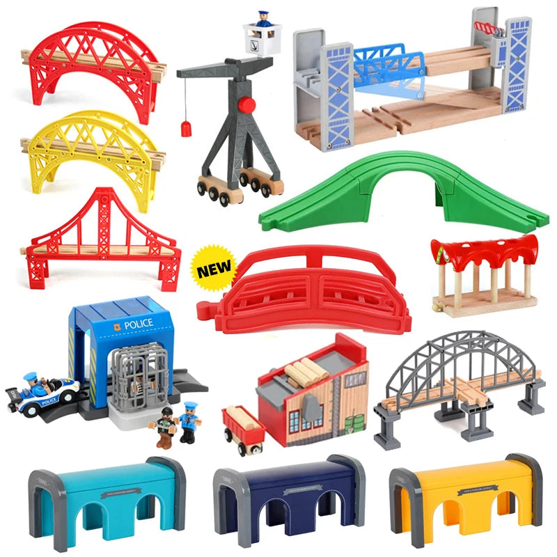All kinds of Wooden Train Tracks Accessories Beech Wood Railway Tracks Wooden Bridge Tunnel fit for Wood Tracks Toys for Kids