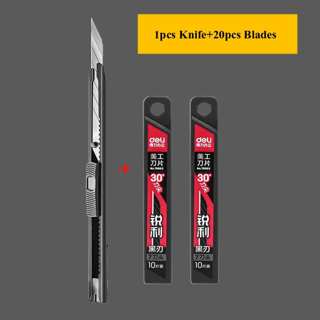 Deli Retractable Box Cutter 9mm 30 Degree Blade Utility Knife Carbon Steel Self-Locking Design Cutting Tools Wallpaper Carton