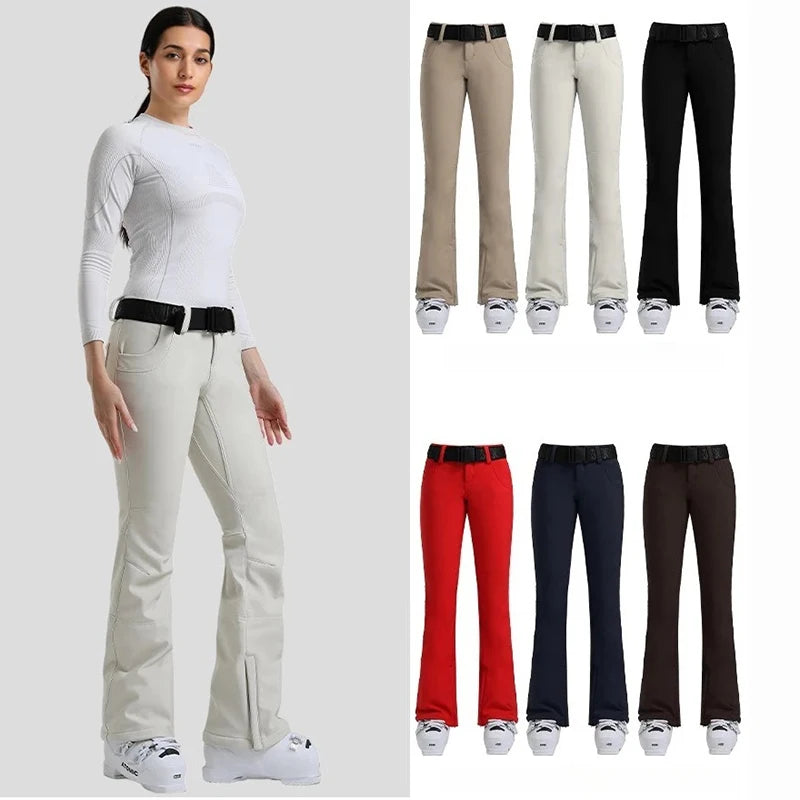 New Women's Skiing Pants Stretch Slim-fit Dual-layer Insulated Professional Windproof Waterproof Breathable Solid Color Ski Pant