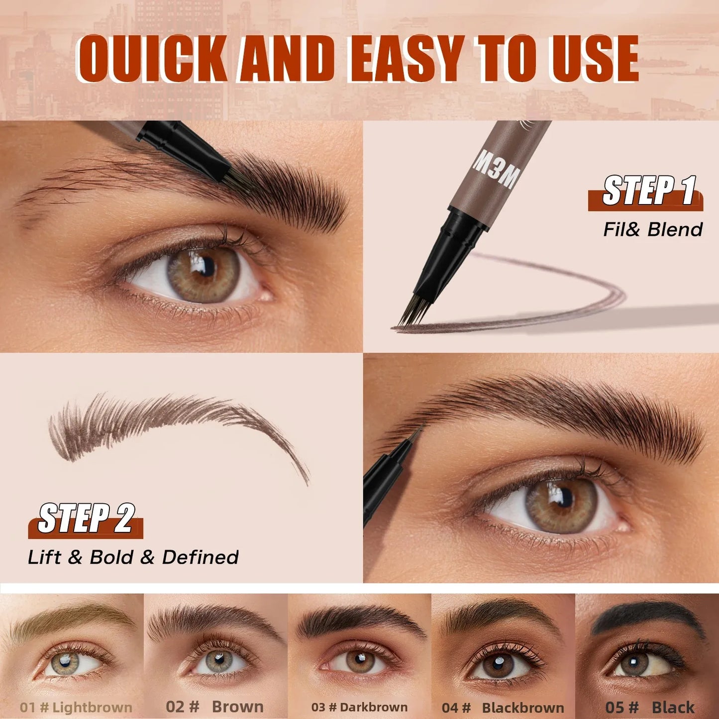 Dual Ended Eyebrow Pencil Waterproof Highly Pigmented Long Lasting Non Smudge 4D Microblading Effect 2 in 1 Liquid Pen
