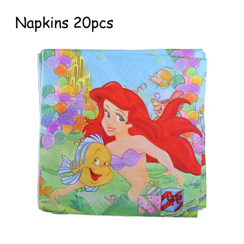 Disney Little Mermaid Theme Girl Kids First Birthday Party Decoration Disposable Tableware Plate Napkins Banner Ariel Backdrops