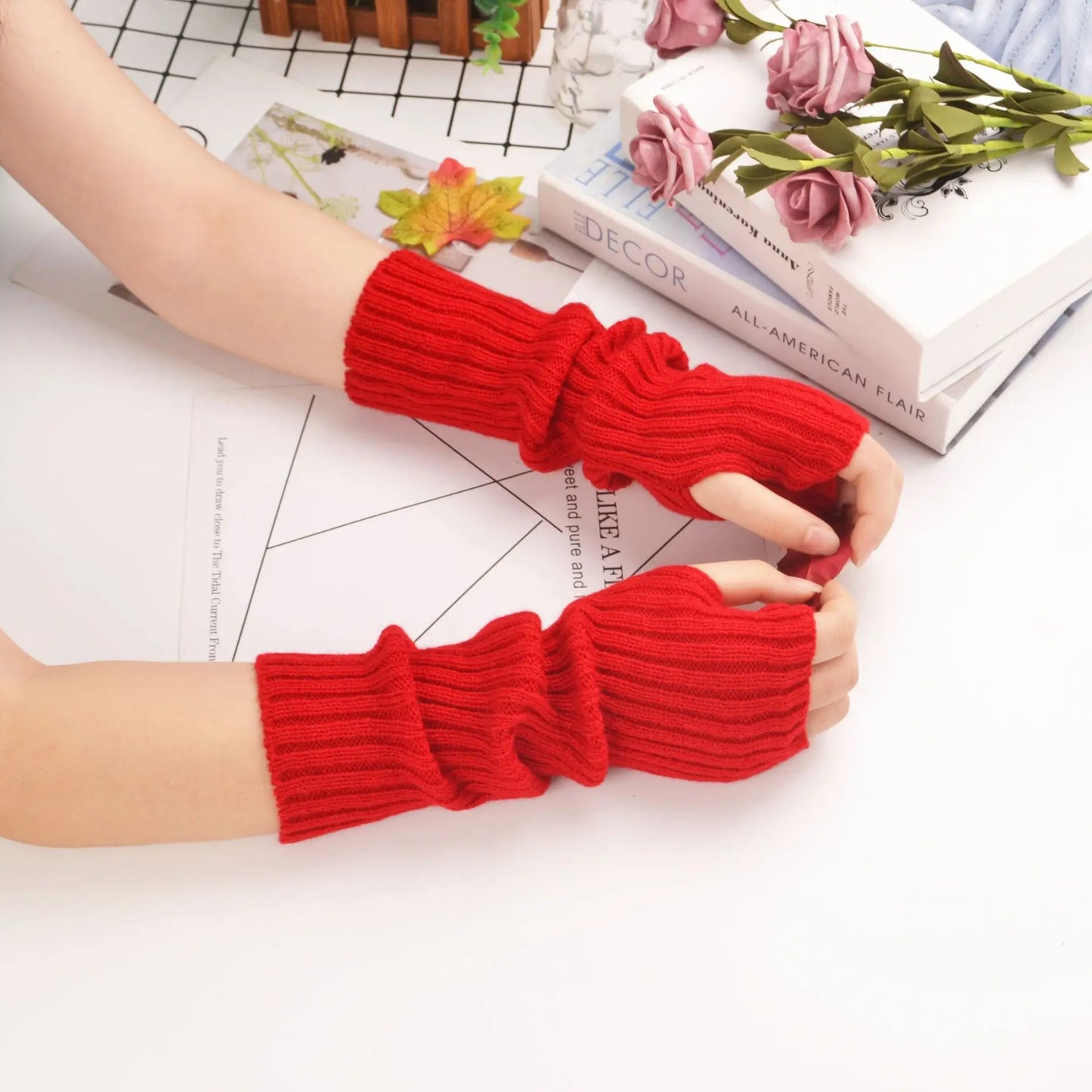 Winter Knit Arm Sleeves – Soft Cashmere Mix Fingerless Mittens & Elbow Protector (Thumb Opening Design)