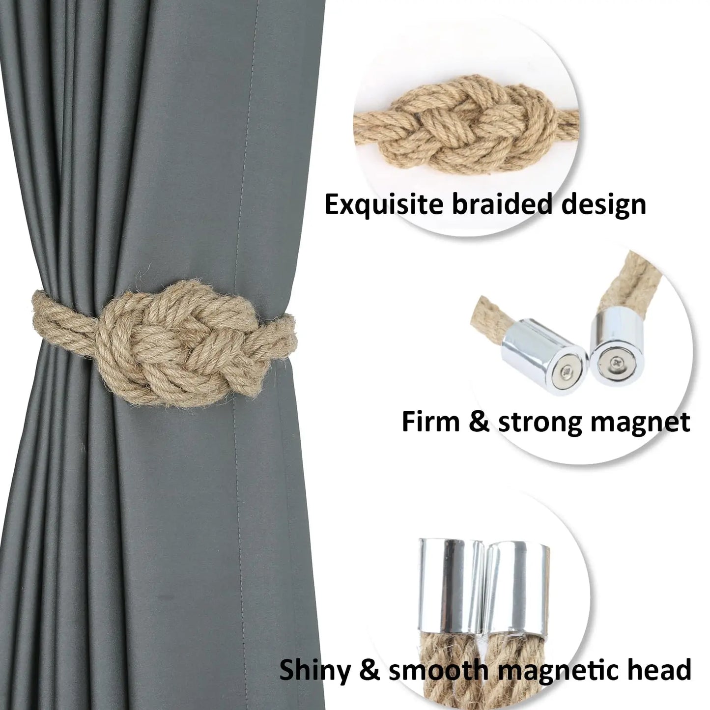 1&2Pcs Hemp Rope Magnetic Curtain Buckle Home Decoration Buckle Strap Handmade DIY Rope Curtain Tie Clip Curtain