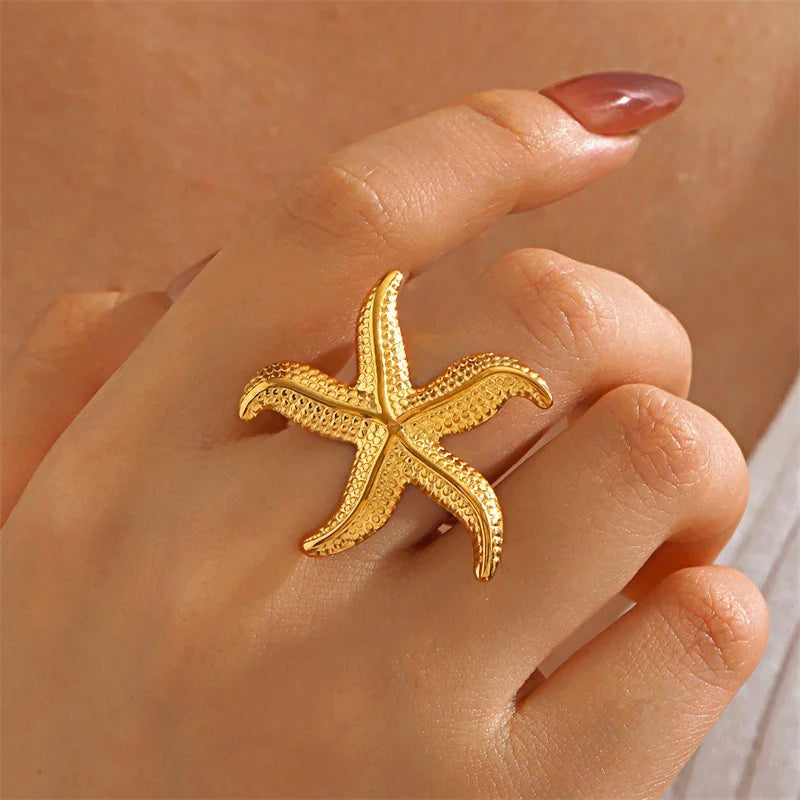 EILIECK 316L Stainless Steel Enamel Starfish Shells Open Adjustable Ring for Women Waterproof Chic Beach Summer Ring Jewelry