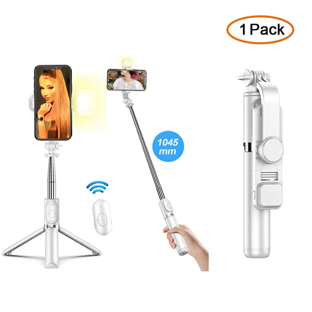 Premium Bluetooth Selfie Stick Tripod - Foldable with Fill Light & Remote