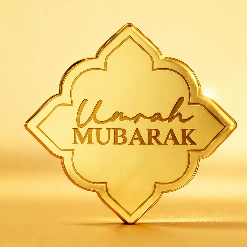10pcs Engraved Umrah Mubarak Acrylic Cake Charm Muslim Islamic Eid Al Adha Mirrored Acrylic Cupcake Topper Dinner Table Decor
