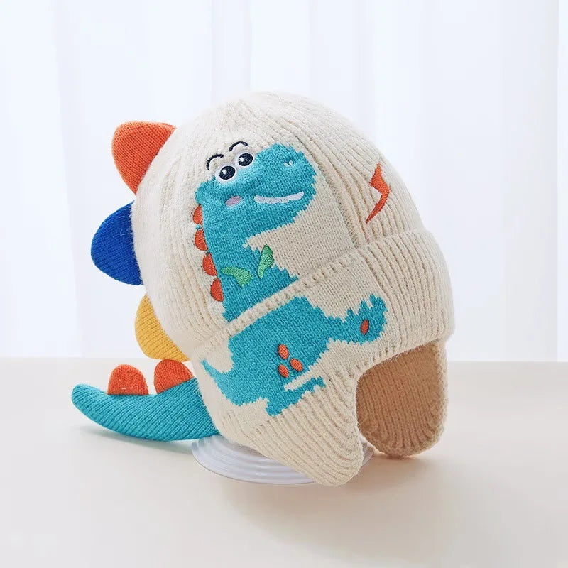 Winter Kid Warm Hat Windproof Thickened Knitted Ear Protection Hooded Hat Outdoor Coldproof Thermal Dinosaur Earmuffs Cap