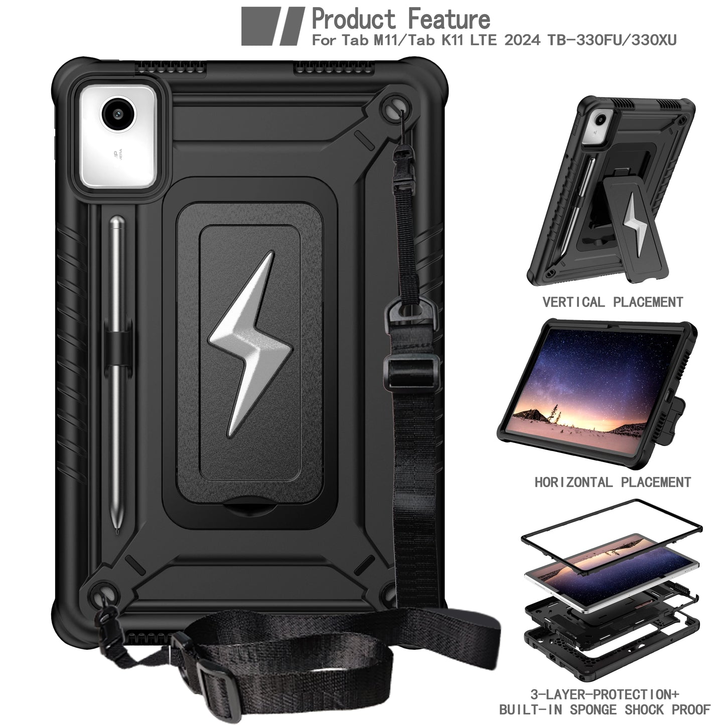For Lenovo Tab M11 Xiaoxin Pad 2024 11" TB331FC 330FU  Kids Shockproof Tablet Protector Case  With Shoulder Strap and Kickstand