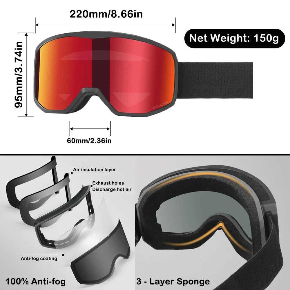 BOLLFO Ski Snowboard Goggles OTG Wide Vision Anti Fog UV Protection Snow Goggles for Men And Women Snowboarding Antiparras