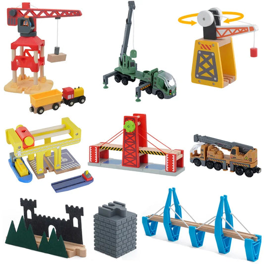 New Wooden Train Tracks Scene Accessories Mountain Tunnel Bridge Crane Tower Compatible ALL Brand Wooden Track Toys For Kids