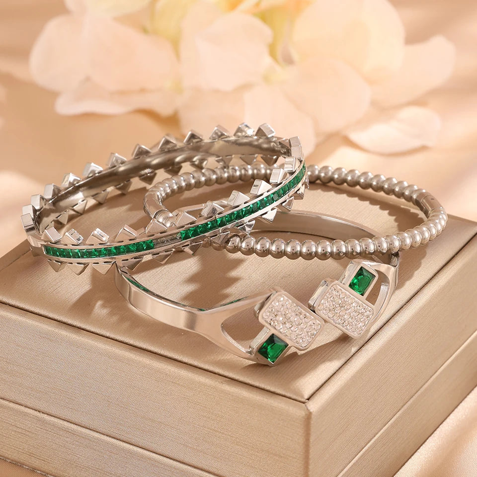 Yupsk 3Pcs/Set 316L Stainless Steel Green Zircon Inlaid Bracelets for Women Fashion Versatile Jewelry for Every Occasions