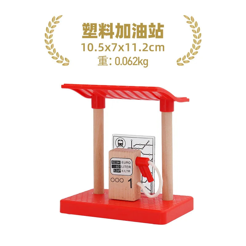 Wooden Train Tracks Railway Toys Set Parking lot apron fire station gas station rotary crane Overpass Model for Kids Toys Gifts
