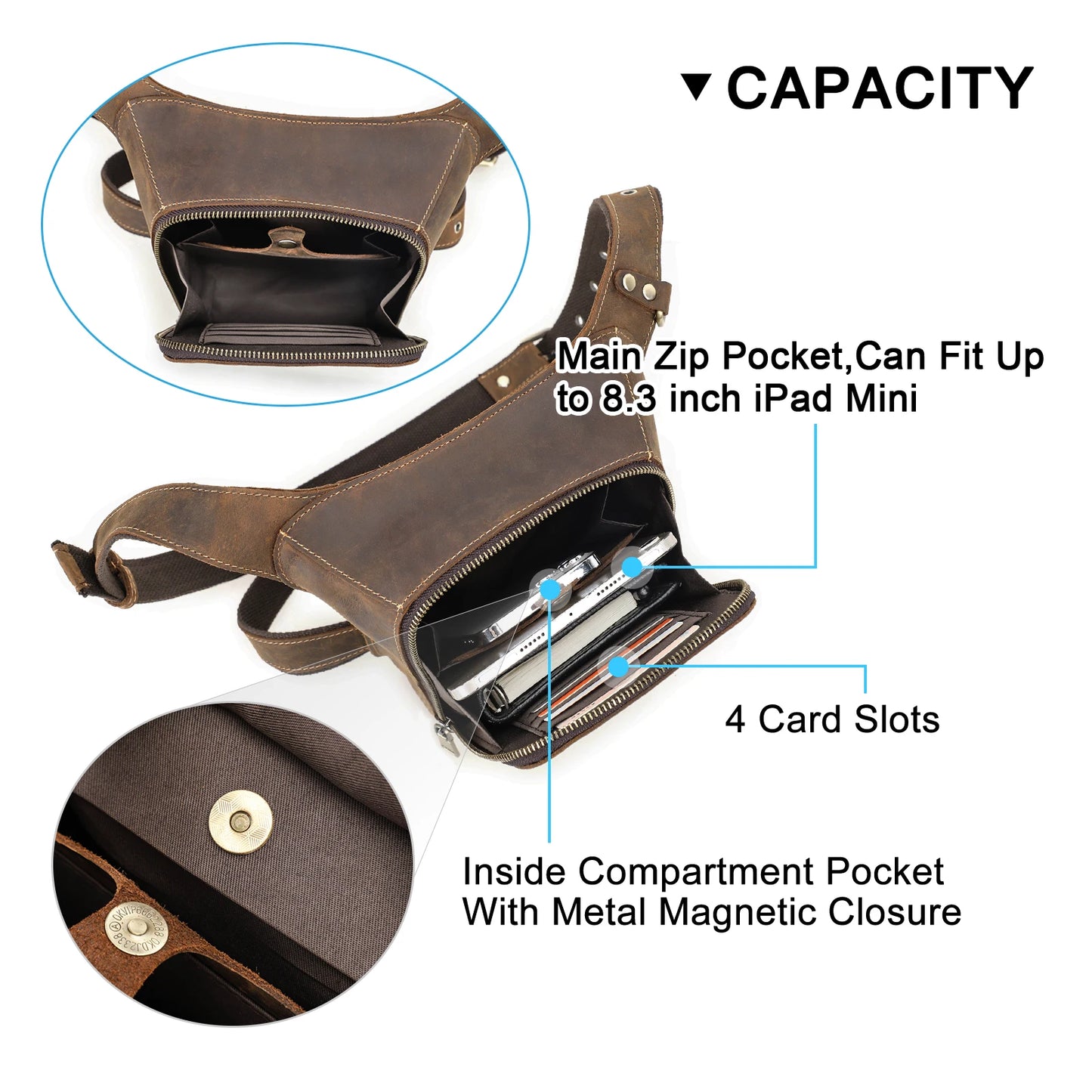 Premium Genuine Leather Motorcycle Leg Bag - Men's Tactical Waist Pack