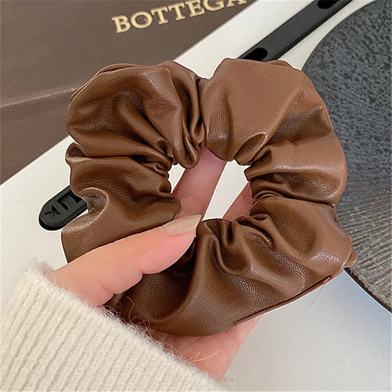 Solid color PU Leather Large Intestine Hair Rope for Woman elegant Does Not Hurt The Hair Hair Ties Fashion Girl High Ponytail S