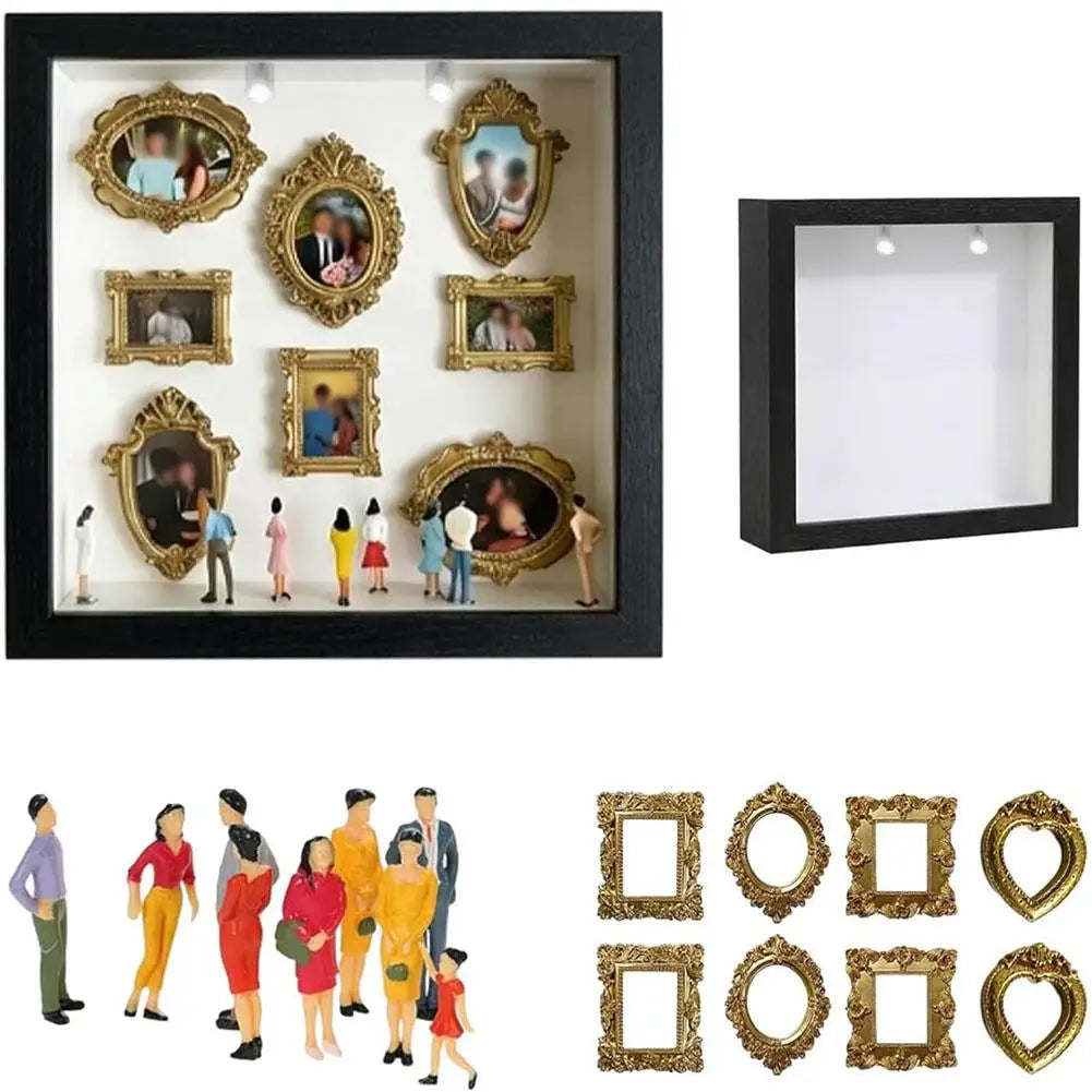 1pcs Mini Museum Photo Album Mini Museum Silhouette Box Stylish Creative Memory Display Kit with Miniature Statue and Gold Frame