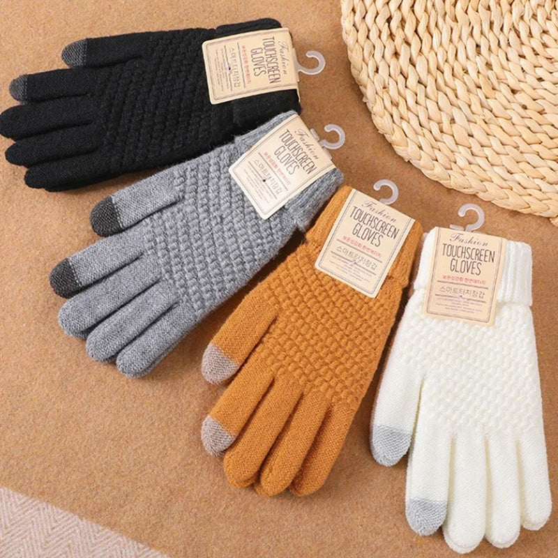 1Pair Winter Touch Screen Gloves Women Men Warm Stretch Knit Mittens Imitation Wool Full Finger Mountaineering Gloves