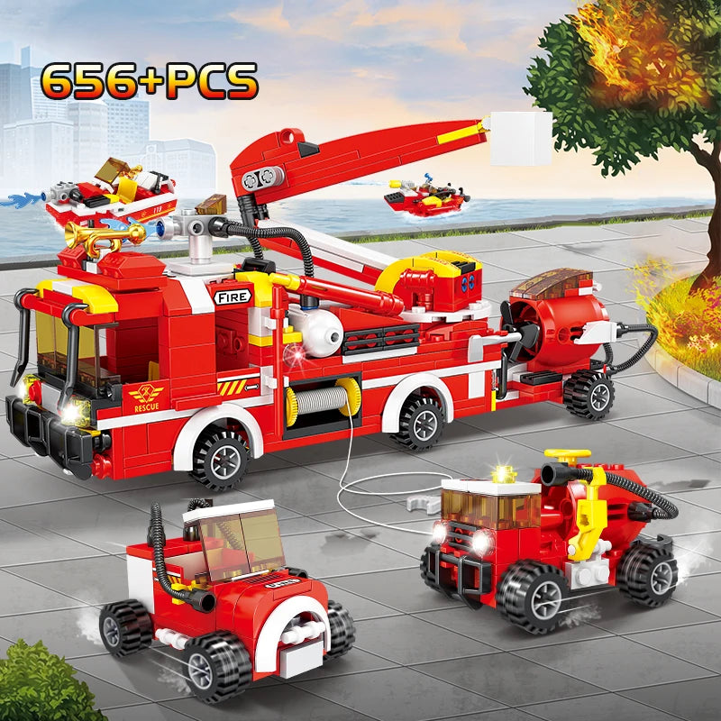 8 in 1 Fire Truck Building Blocks City Scaling Ladder Multifunctional Rescue Vehicle Combination Bricks Toy Kids Holiday Gifts