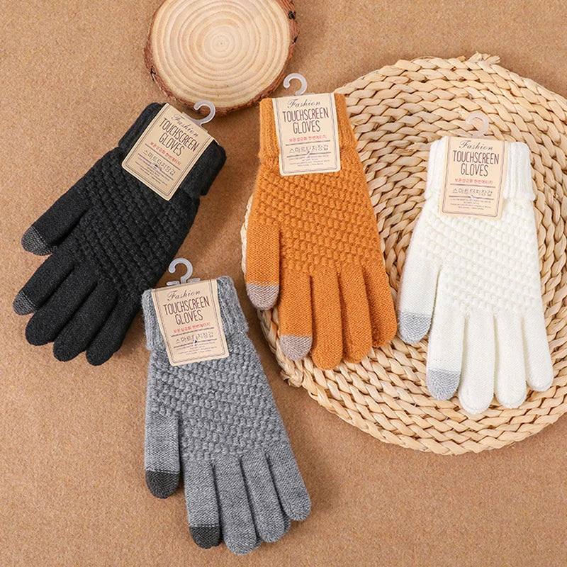 1Pair Winter Touch Screen Gloves Women Men Warm Stretch Knit Mittens Imitation Wool Full Finger Mountaineering Gloves