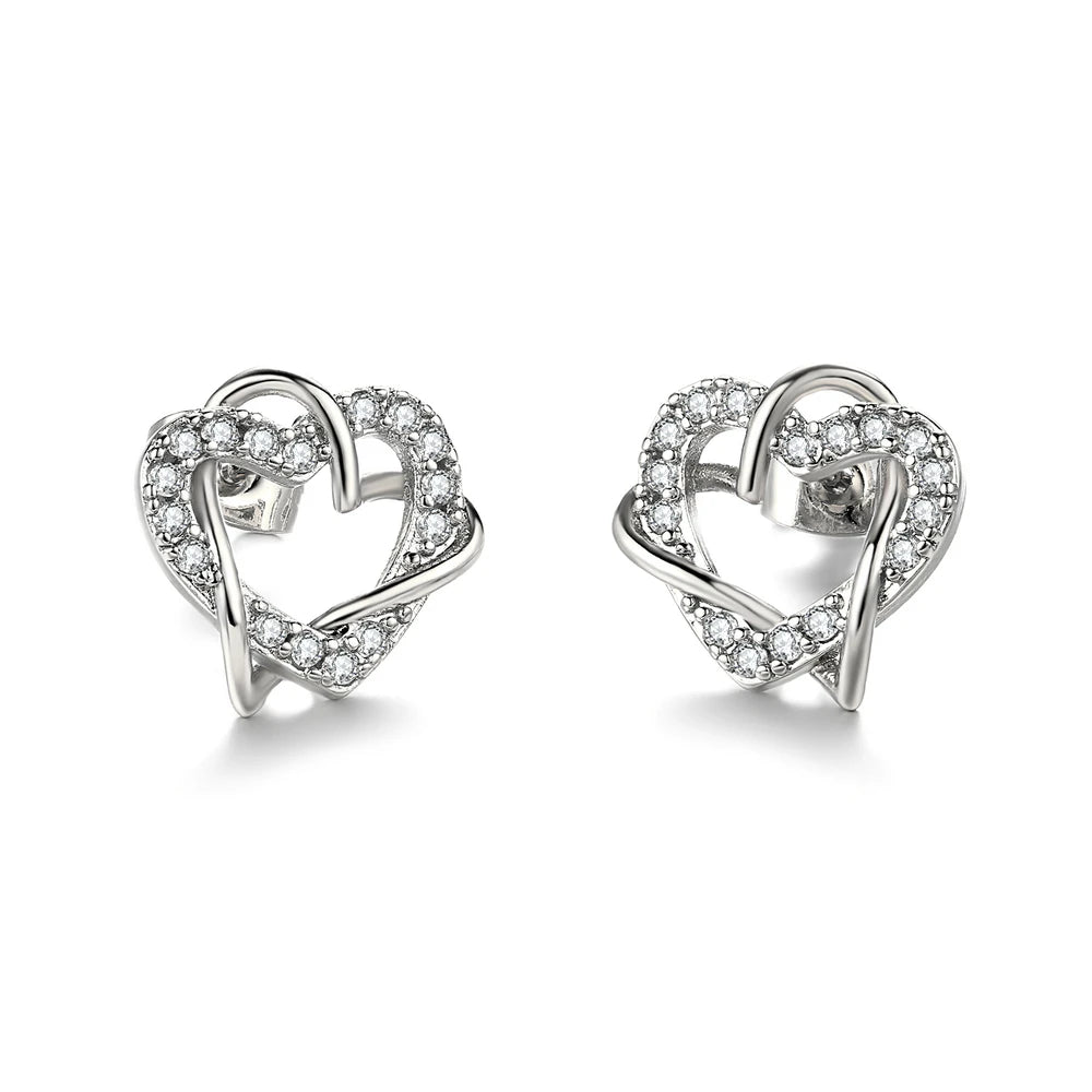 Premium Love Heart Intertwined Stud Earrings - Rose Gold Crystal Jewelry