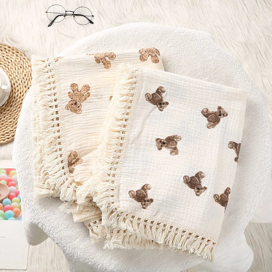 Premium Cotton Muslin Baby Blanket - Cute Bear Swaddle for Newborns