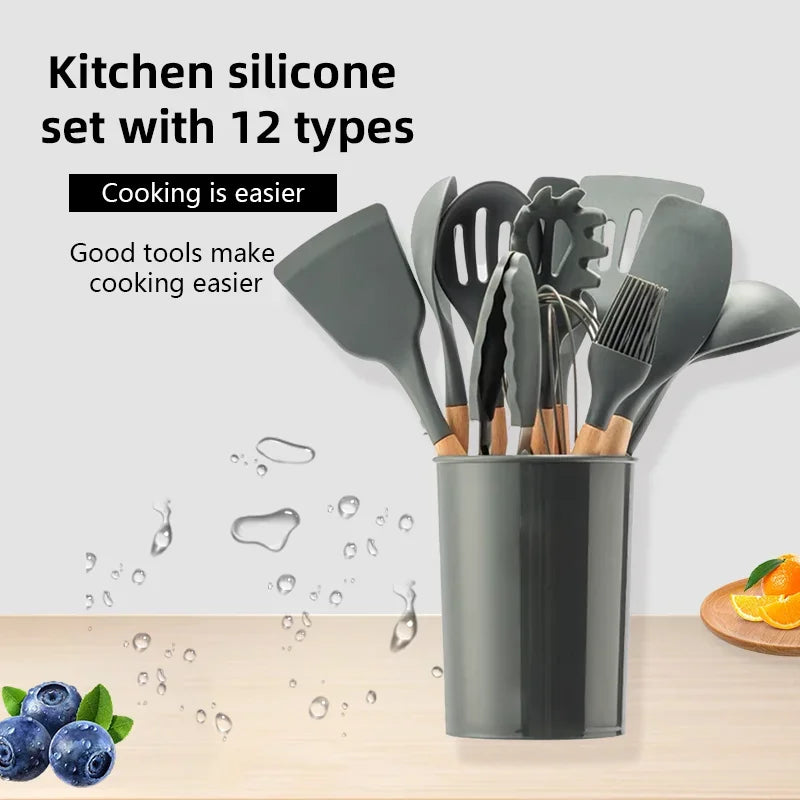 12-Piece Wooden Handle Silicone Kitchen Utensil Set - Non-Stick Cooking Tools
