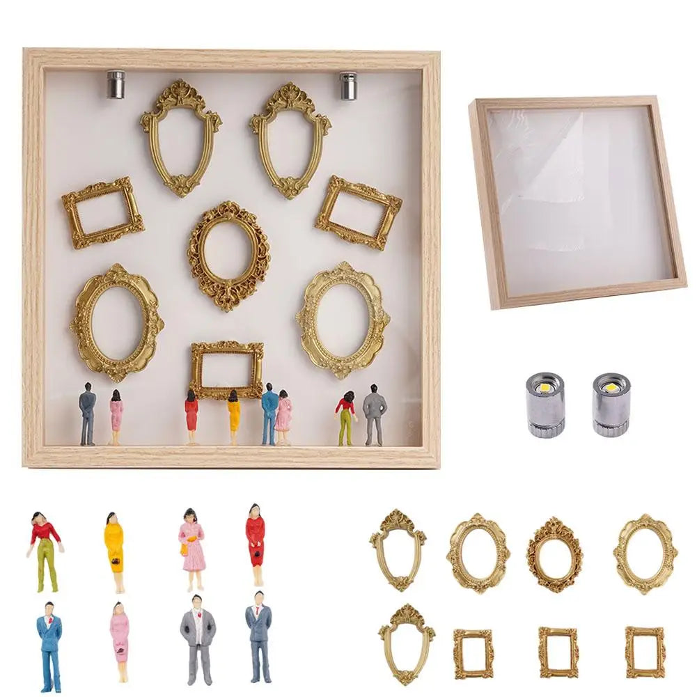 1pcs Mini Museum Photo Album Mini Museum Silhouette Box Stylish Creative Memory Display Kit with Miniature Statue and Gold Frame