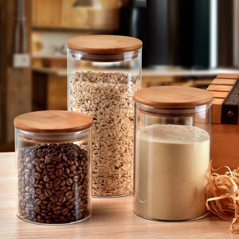 Glass Storage Jar with Bamboo Lid - Airtight Kitchen Container for Coffee, Grains & Dry Foods