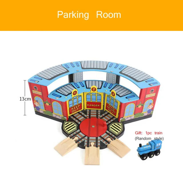 Wooden Train Tracks Scene Accessories Wooden Double Platform Gas Station Airplane Airport Educational DIY Toys For Children