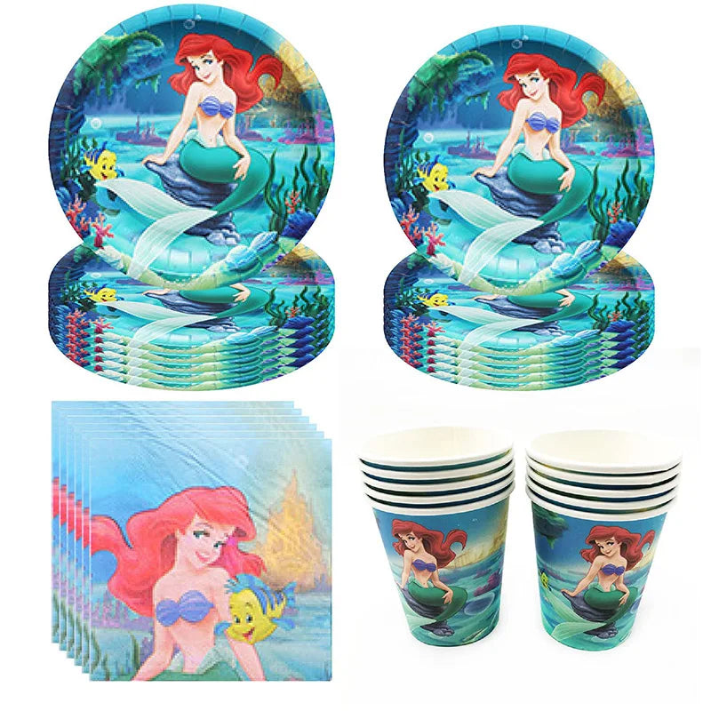 Disney Little Mermaid Theme Girl Kids First Birthday Party Decoration Disposable Tableware Plate Napkins Banner Ariel Backdrops