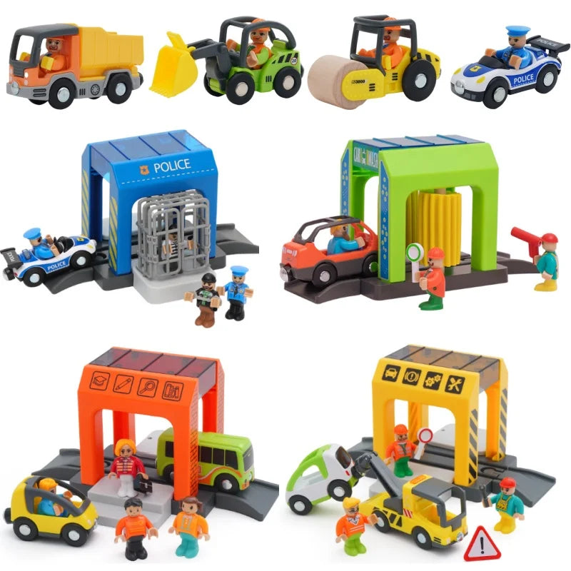 Wooden Train Track Plastic car wash Police Office Fire Department Scene Simulation Play Wooden Railway Track Car toys
