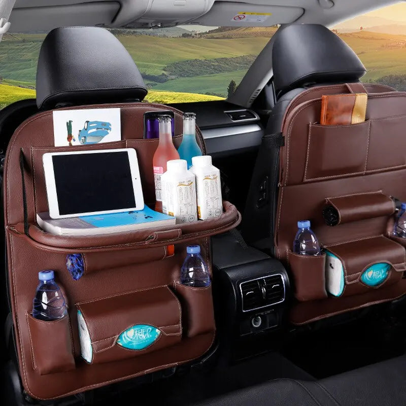 Premium Car Seat Back Organizer - PU Leather with Foldable Table Tray