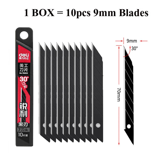 Deli Retractable Box Cutter 9mm 30 Degree Blade Utility Knife Carbon Steel Self-Locking Design Cutting Tools Wallpaper Carton