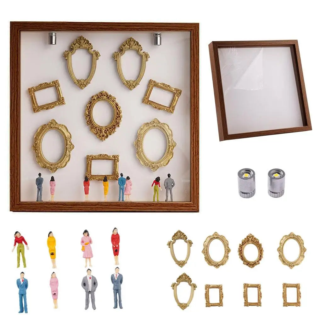 1pcs Mini Museum Photo Album Mini Museum Silhouette Box Stylish Creative Memory Display Kit with Miniature Statue and Gold Frame