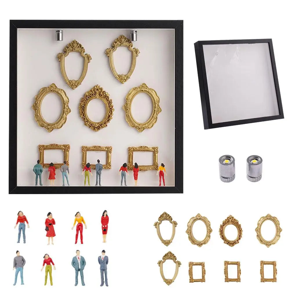 1pcs Mini Museum Photo Album Mini Museum Silhouette Box Stylish Creative Memory Display Kit with Miniature Statue and Gold Frame