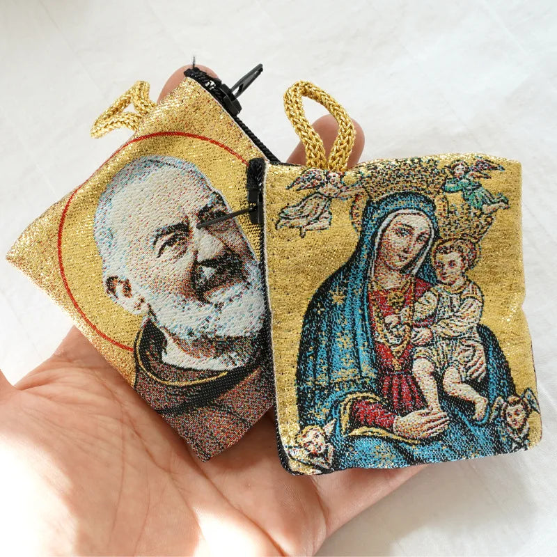 Gold Thread Embroidery Rosary Pouch Embroidered Catholic Image Icon Prayer Bag Religious Jewelry Storage Box 6.6x7.2cm