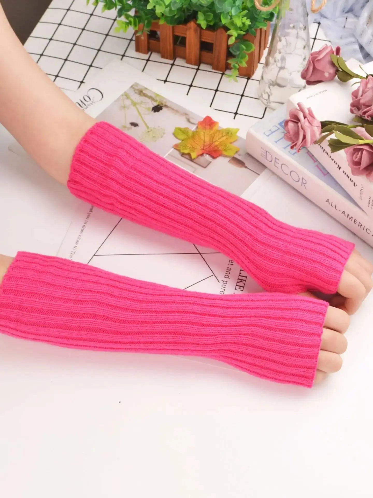 Winter Knit Arm Sleeves – Soft Cashmere Mix Fingerless Mittens & Elbow Protector (Thumb Opening Design)