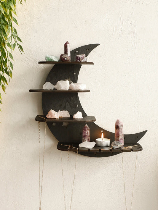 30/39cm Black Moon Wall Shelves 4-tier Wood Floating Wall Shelf Gothic Home Decor Crystal Shelf Display Ledge Essential Oil Rack