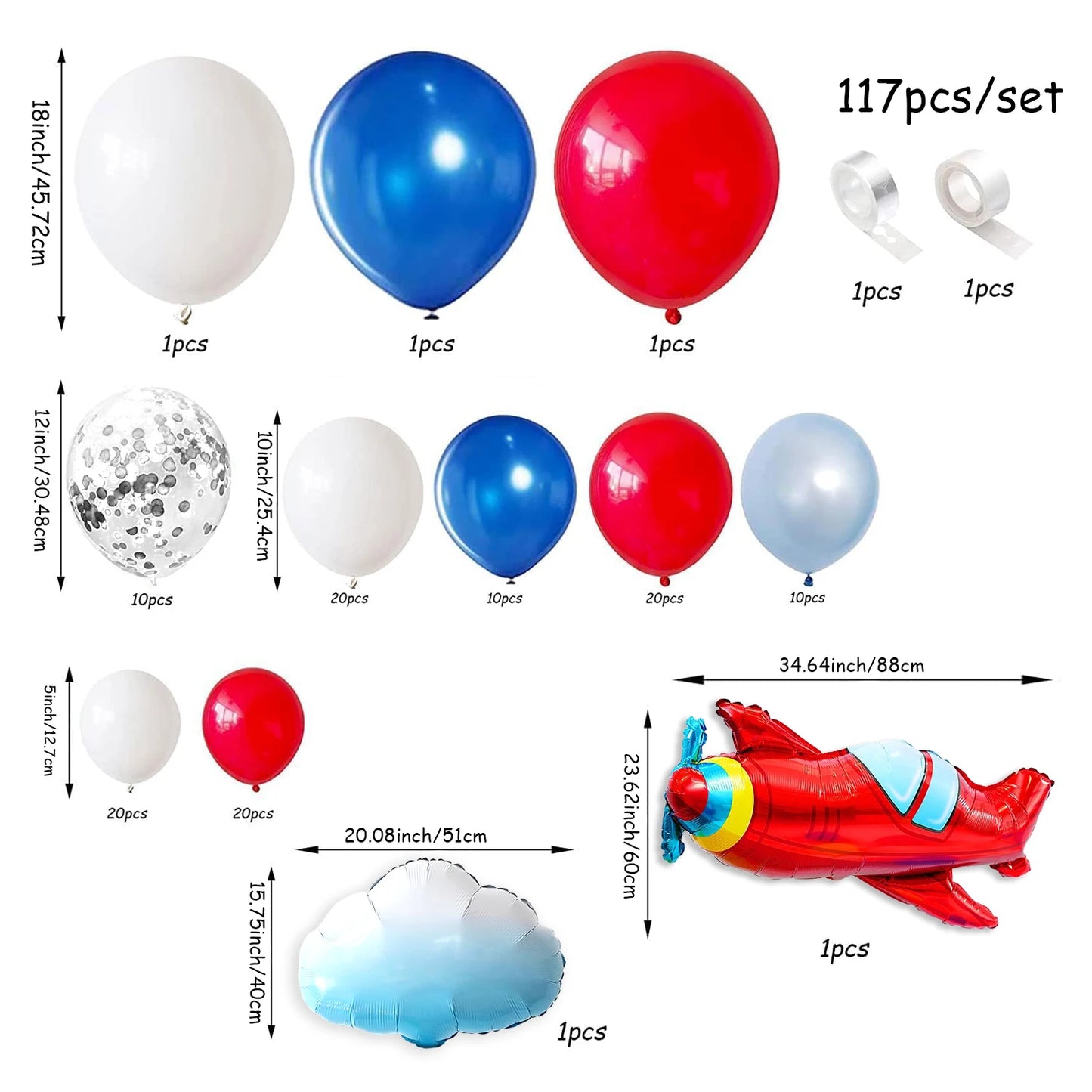 Red, White, and Blue Balloon Arch Set, 117 Pieces, Blue, Red, and White Balloons, White Cloud Airplane Foil Balloon Arch Kit, with Pearl Blue and Red Blue Sequin Latex Balloons, Suitable for Blue Sky and White Clouds Theme Bi