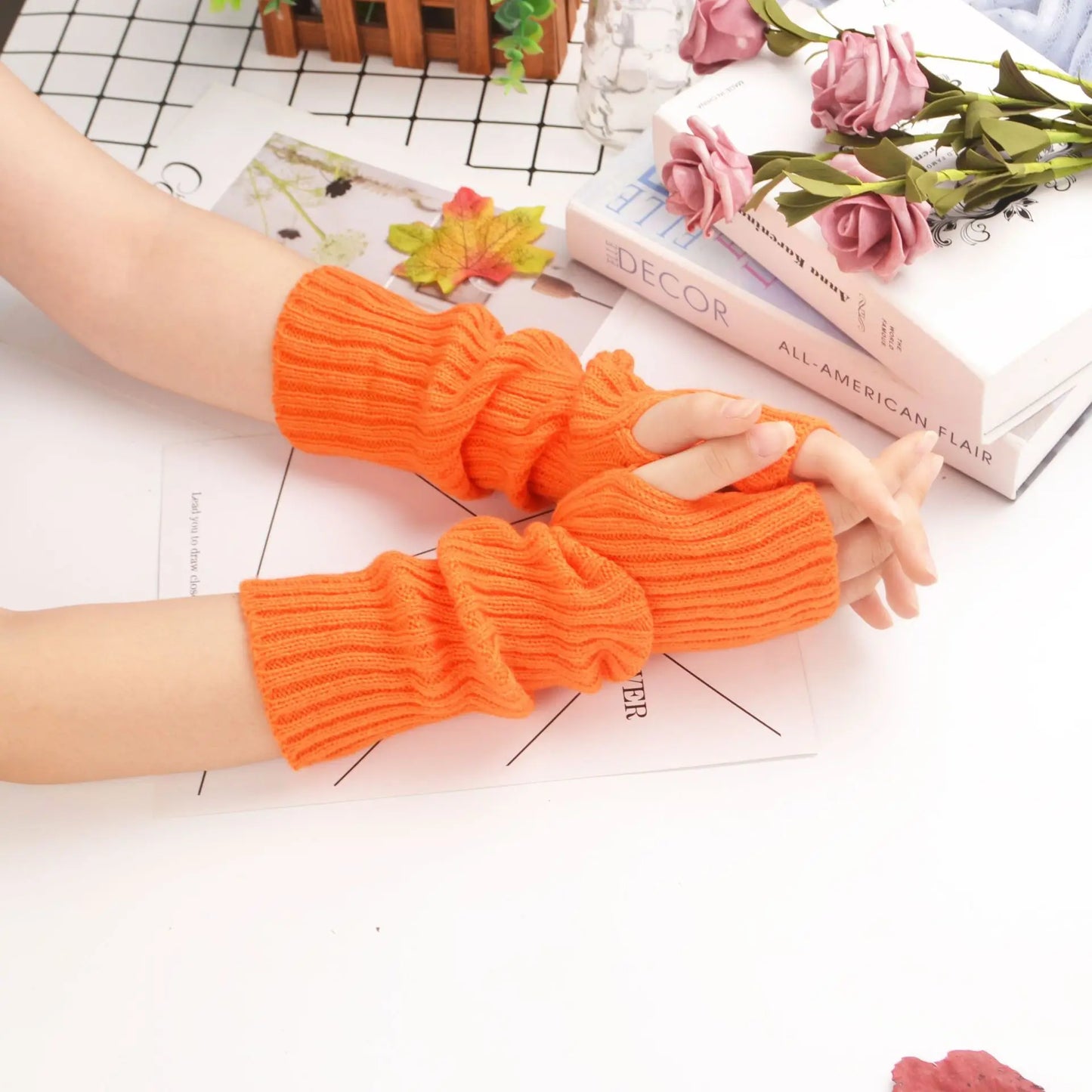 Winter Knit Arm Sleeves – Soft Cashmere Mix Fingerless Mittens & Elbow Protector (Thumb Opening Design)