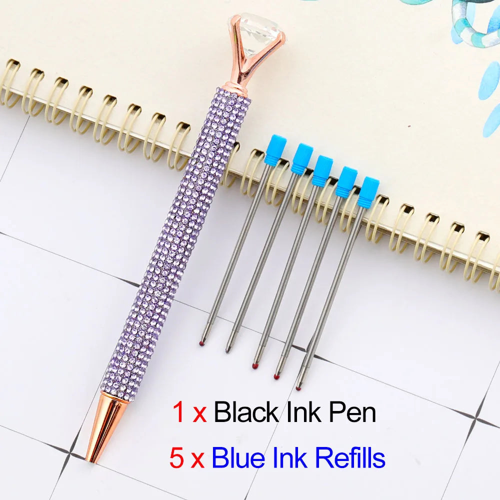 Lytwtw's Luxury Gold Ballpoint Pen Big Diamond Wedding Rose,Metal Stationery School Supplies  1 PCS Pen +5 PCS Refills