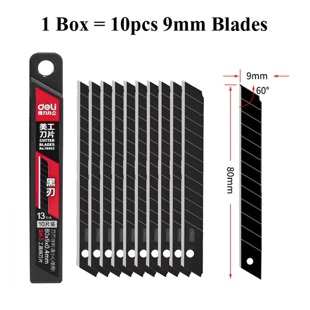 Deli Retractable Box Cutter 9mm 30 Degree Blade Utility Knife Carbon Steel Self-Locking Design Cutting Tools Wallpaper Carton